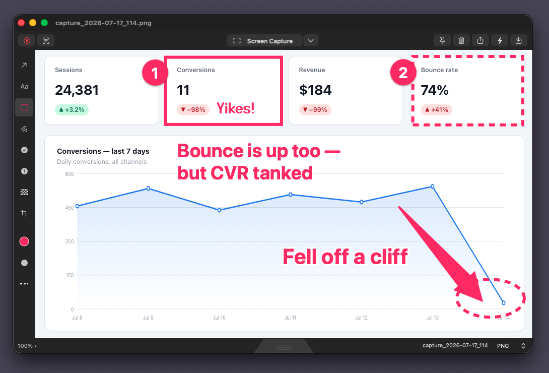 The FletchShot annotation window: a pink tapered arrow, rectangles, text and numbered stamps on a captured dashboard