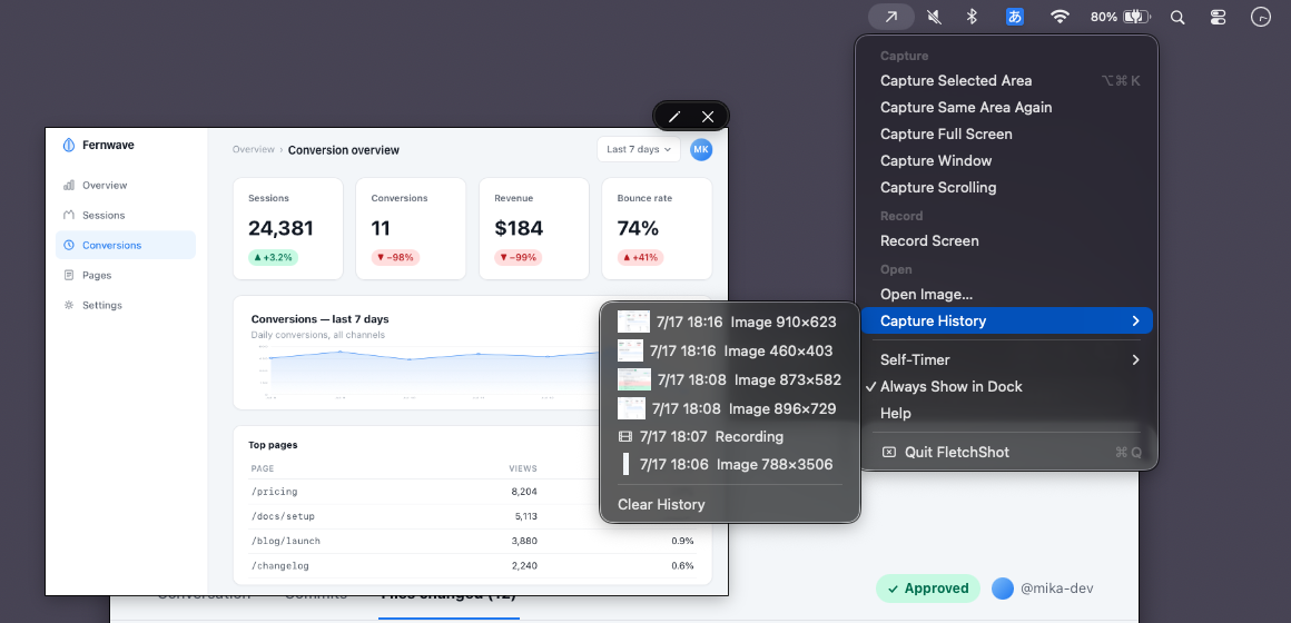 The FletchShot menu bar menu with Capture History open, listing recent captures and recordings